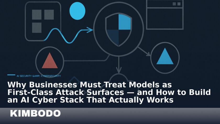 Illustration for the Kimbodo News & Research briefing “Why Businesses Must Treat Models as First-Class Attack Surfaces — and How to Build an AI Cyber Stack That Actually Works” (AI Security & Cybersecurity).