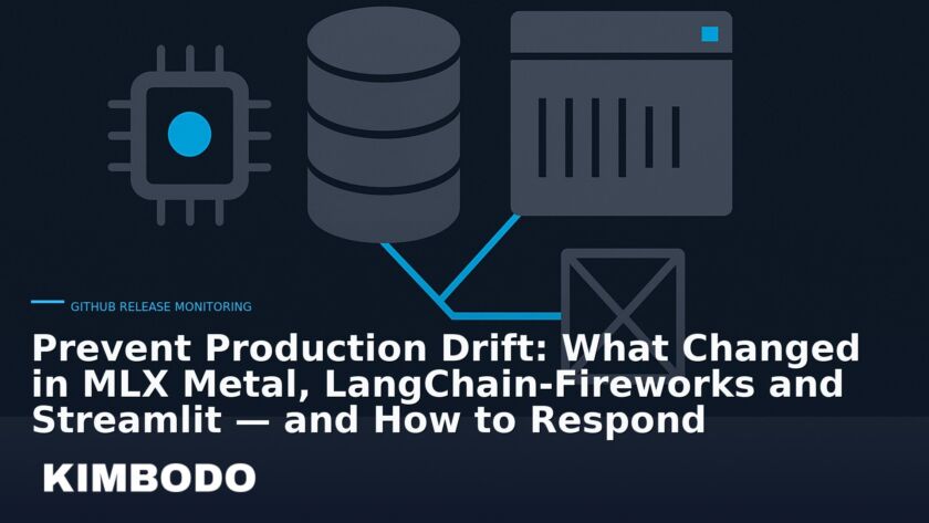 Illustration for the Kimbodo News & Research briefing “Prevent Production Drift: What Changed in MLX Metal, LangChain‑Fireworks and Streamlit — and How to Respond” (GitHub Release Monitoring).