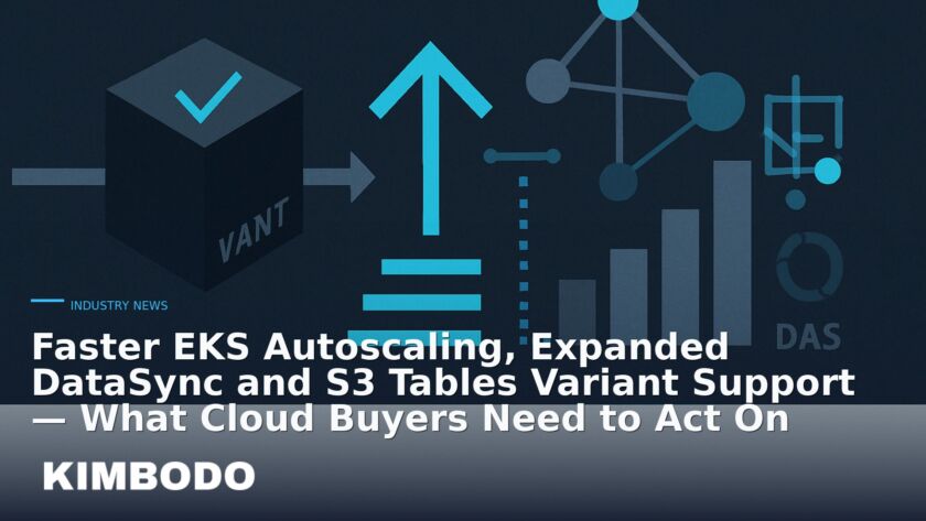 Illustration for the Kimbodo News & Research briefing “Faster EKS Autoscaling, Expanded DataSync and S3 Tables Variant Support — What Cloud Buyers Need to Act On” (Industry News).