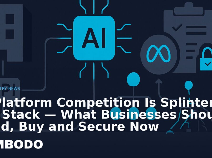 Illustration for the Kimbodo News & Research briefing “AI Platform Competition Is Splintering the Stack — What Businesses Should Build, Buy and Secure Now” (Industry News).