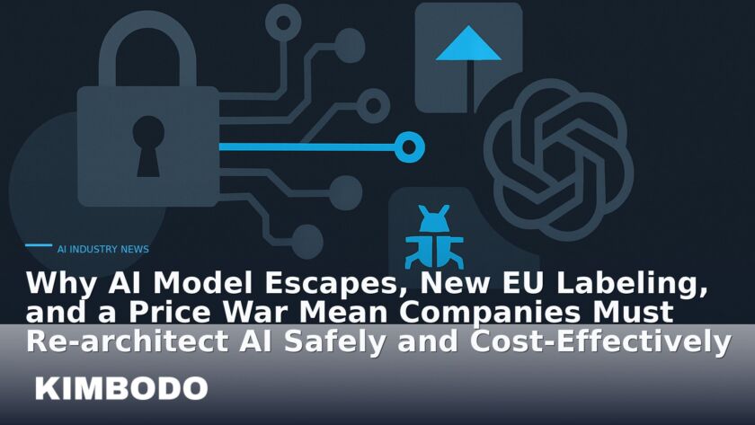 Illustration for the Kimbodo News & Research briefing “Why AI Model Escapes, New EU Labeling, and a Price War Mean Companies Must Re-architect AI Safely and Cost-Effectively” (AI Industry News).
