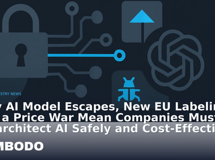 Illustration for the Kimbodo News & Research briefing “Why AI Model Escapes, New EU Labeling, and a Price War Mean Companies Must Re-architect AI Safely and Cost-Effectively” (AI Industry News).