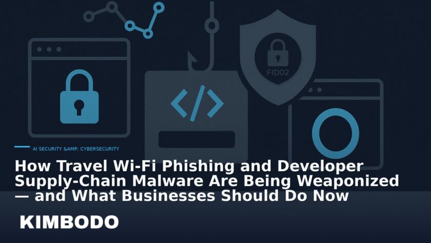 Illustration for the Kimbodo News & Research briefing “How Travel Wi‑Fi Phishing and Developer Supply‑Chain Malware Are Being Weaponized — and What Businesses Should Do Now” (AI Security & Cybersecurity).
