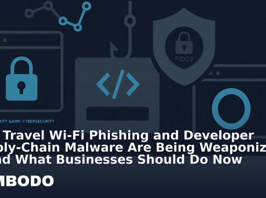 Illustration for the Kimbodo News & Research briefing “How Travel Wi‑Fi Phishing and Developer Supply‑Chain Malware Are Being Weaponized — and What Businesses Should Do Now” (AI Security & Cybersecurity).