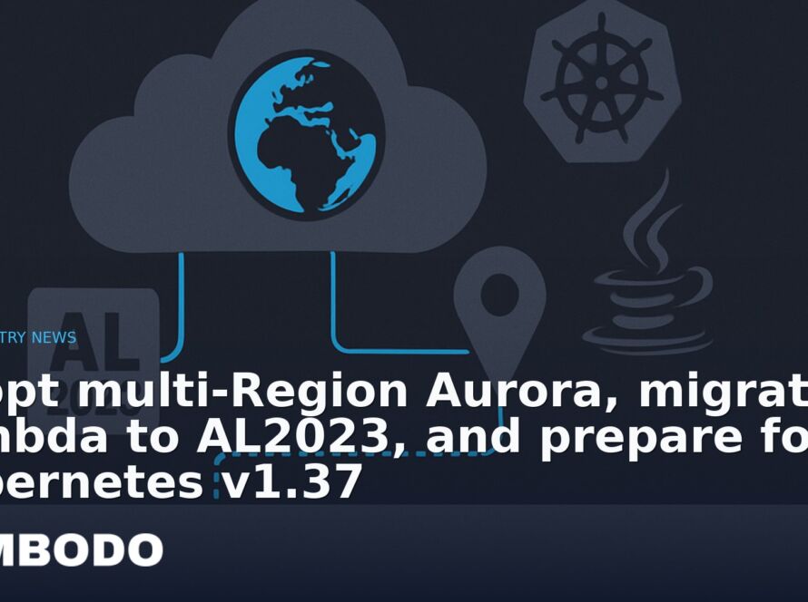 Illustration for the Kimbodo News & Research briefing “Adopt multi‑Region Aurora, migrate Lambda to AL2023, and prepare for Kubernetes v1.37” (Industry News).