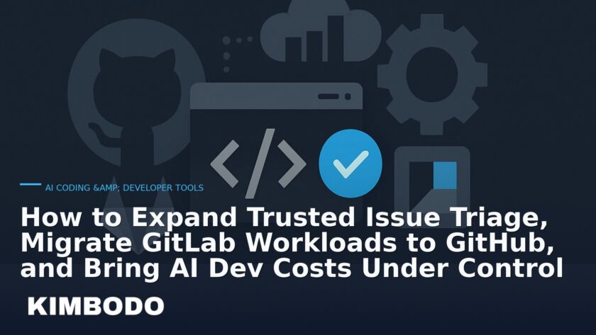 Illustration for the Kimbodo News & Research briefing “How to Expand Trusted Issue Triage, Migrate GitLab Workloads to GitHub, and Bring AI Dev Costs Under Control” (AI Coding & Developer Tools).