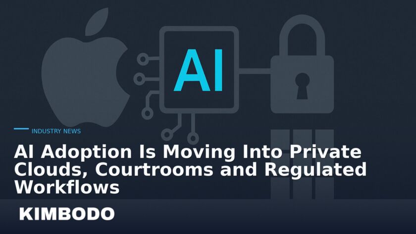 Illustration for the Kimbodo News & Research briefing “AI Adoption Is Moving Into Private Clouds, Courtrooms and Regulated Workflows” (Industry News).