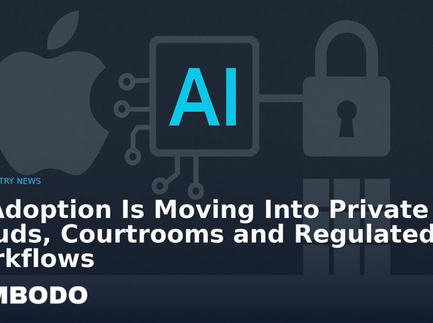 Illustration for the Kimbodo News & Research briefing “AI Adoption Is Moving Into Private Clouds, Courtrooms and Regulated Workflows” (Industry News).