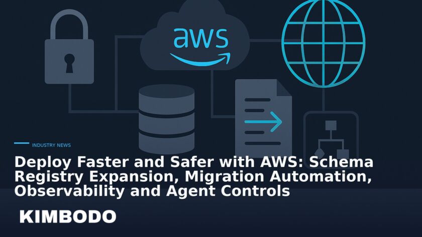 Illustration for the Kimbodo News & Research briefing “Deploy Faster and Safer with AWS: Schema Registry Expansion, Migration Automation, Observability and Agent Controls” (Industry News).