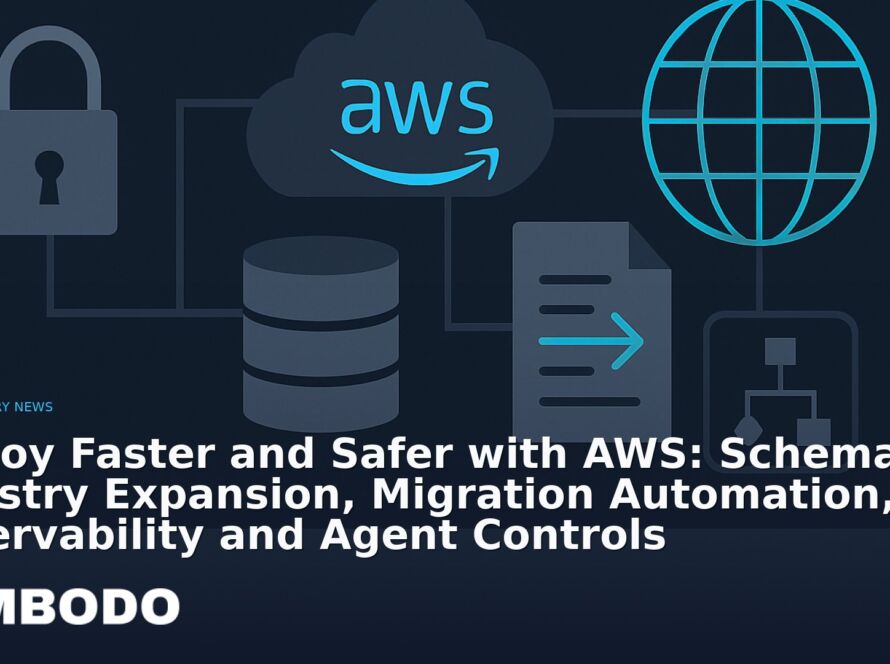 Illustration for the Kimbodo News & Research briefing “Deploy Faster and Safer with AWS: Schema Registry Expansion, Migration Automation, Observability and Agent Controls” (Industry News).