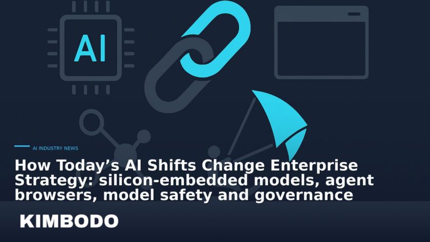 Illustration for the Kimbodo News & Research briefing “How Today’s AI Shifts Change Enterprise Strategy: silicon‑embedded models, agent browsers, model safety and governance” (AI Industry News).