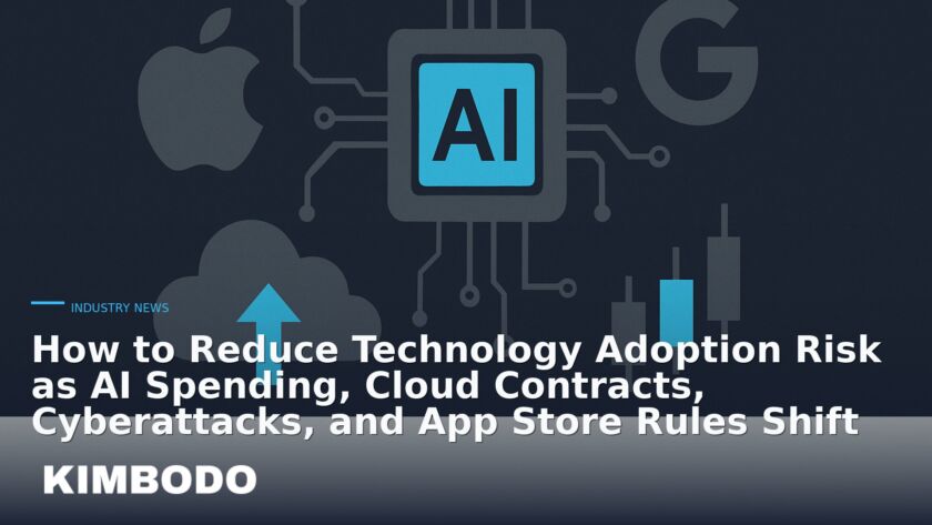 Illustration for the Kimbodo News & Research briefing “How to Reduce Technology Adoption Risk as AI Spending, Cloud Contracts, Cyberattacks, and App Store Rules Shift” (Industry News).