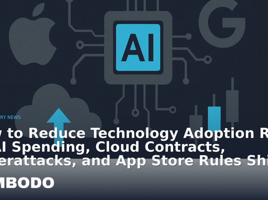 Illustration for the Kimbodo News & Research briefing “How to Reduce Technology Adoption Risk as AI Spending, Cloud Contracts, Cyberattacks, and App Store Rules Shift” (Industry News).