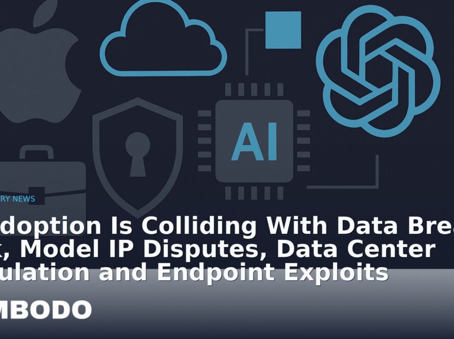 Illustration for the Kimbodo News & Research briefing “AI Adoption Is Colliding With Data Breach Risk, Model IP Disputes, Data Center Regulation and Endpoint Exploits” (Industry News).