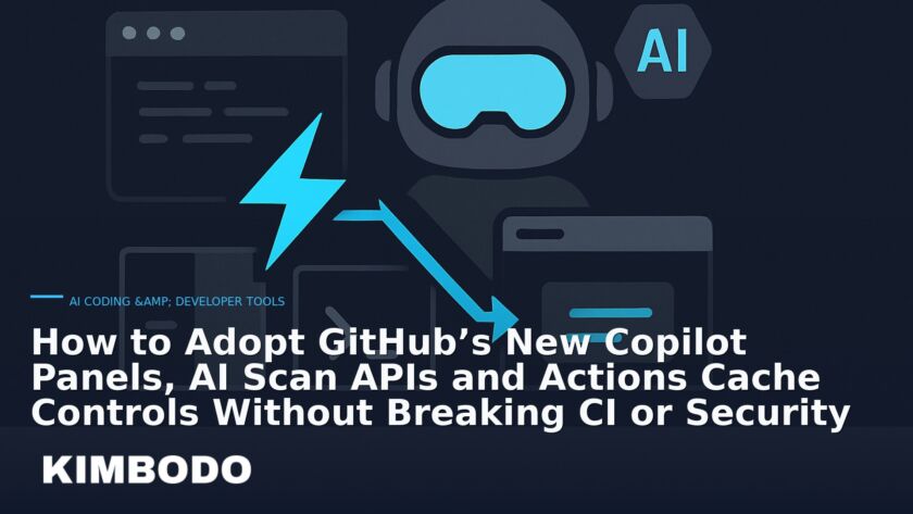 Illustration for the Kimbodo News & Research briefing “How to Adopt GitHub’s New Copilot Panels, AI Scan APIs and Actions Cache Controls Without Breaking CI or Security” (AI Coding & Developer Tools).