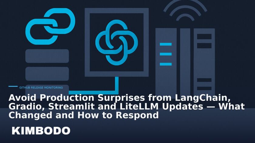 Illustration for the Kimbodo News & Research briefing “Avoid Production Surprises from LangChain, Gradio, Streamlit and LiteLLM Updates — What Changed and How to Respond” (GitHub Release Monitoring).