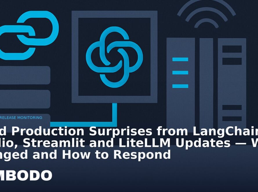 Illustration for the Kimbodo News & Research briefing “Avoid Production Surprises from LangChain, Gradio, Streamlit and LiteLLM Updates — What Changed and How to Respond” (GitHub Release Monitoring).