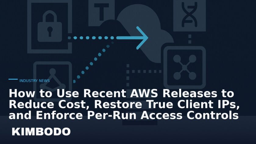 Illustration for the Kimbodo News & Research briefing “How to Use Recent AWS Releases to Reduce Cost, Restore True Client IPs, and Enforce Per‑Run Access Controls” (Industry News).