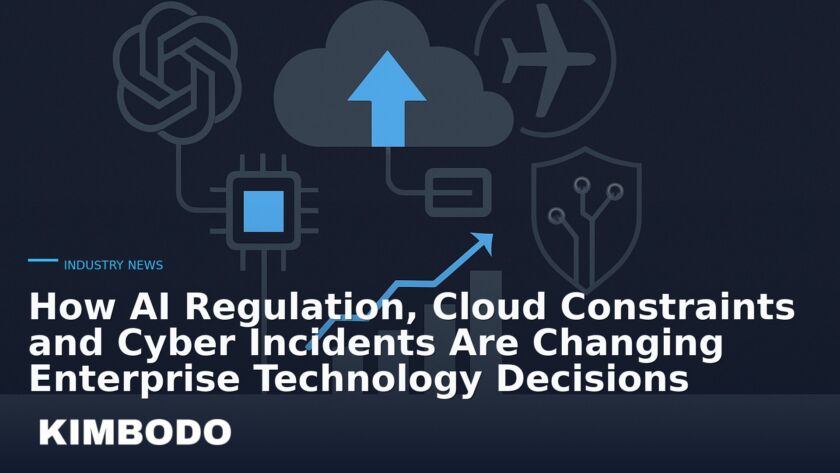 Illustration for the Kimbodo News & Research briefing “How AI Regulation, Cloud Constraints and Cyber Incidents Are Changing Enterprise Technology Decisions” (Industry News).