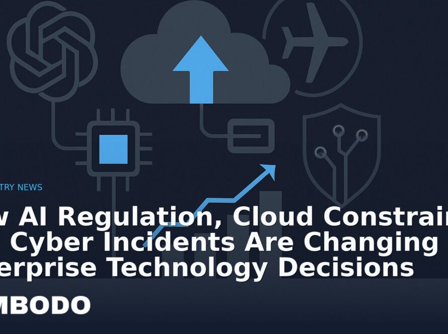 Illustration for the Kimbodo News & Research briefing “How AI Regulation, Cloud Constraints and Cyber Incidents Are Changing Enterprise Technology Decisions” (Industry News).