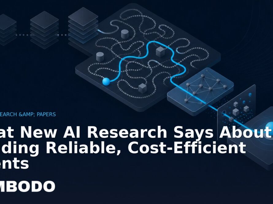 Illustration for the Kimbodo News & Research briefing “What New AI Research Says About Building Reliable, Cost-Efficient Agents” (AI Research & Papers).