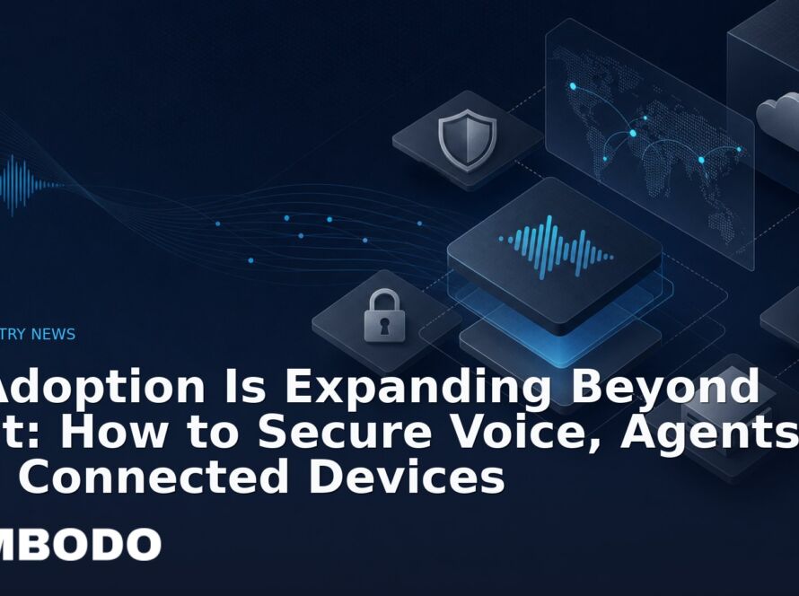 Illustration for the Kimbodo News & Research briefing “AI Adoption Is Expanding Beyond Chat: How to Secure Voice, Agents and Connected Devices” (Industry News).